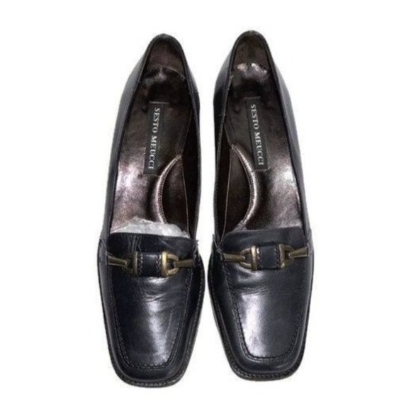 Sesto Meucci Shoes Womens Size 6 Navy Blue Leather Chunky Heeled Loafers - Picture 1 of 9